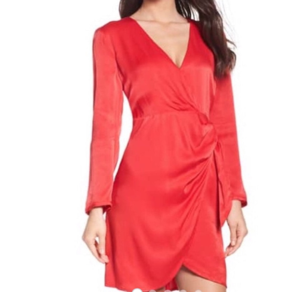 Red satin wrap dress Bardot